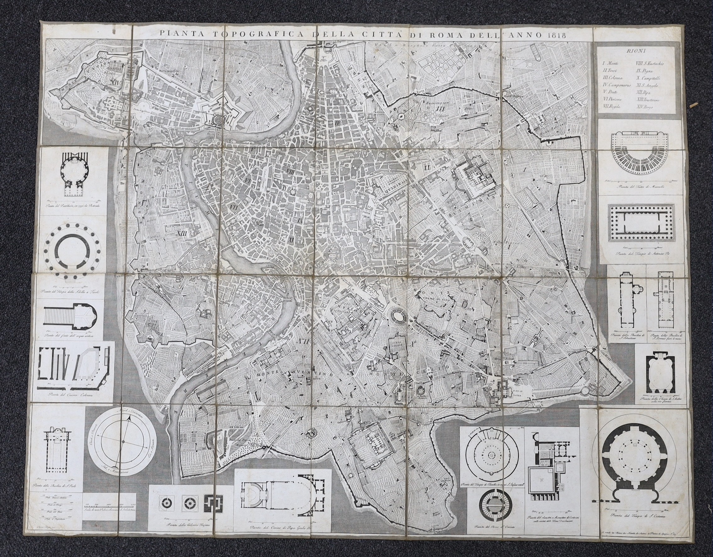 (Rome) Pianta Topgrafica dela Citta di Roma ... folded large scale plan, dissected and mounted on linen, engraved plans in surrounds, opens to approx. 44 x 82cms; some individual buildings and streets named, contained in
